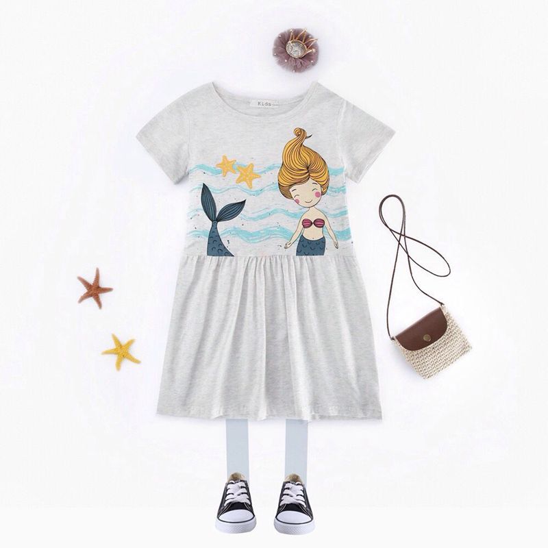 Meneva Pure Cotton Mermaid Print Short Sleeve Girl Foreign Dress Cartoon Child Skirt Summer Mid-size Child Skirt Tide