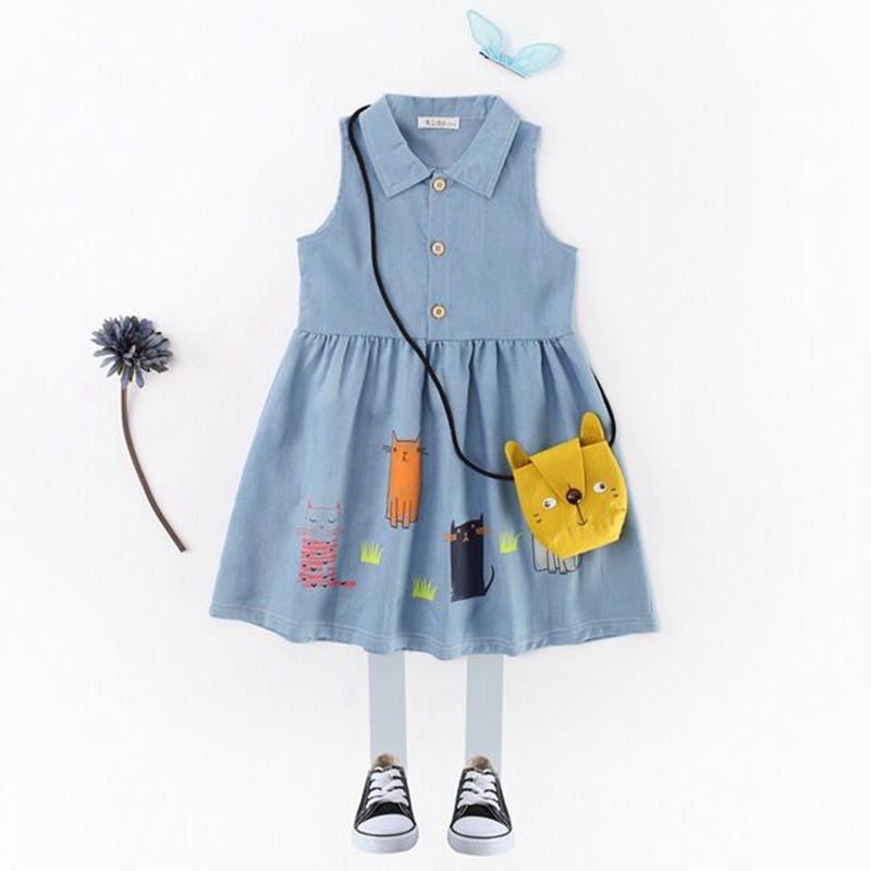 Girl Cute Cat Printed Flip Collar Sleeveless Cowboy Dress Han Van Sweet Beauty CUHK Boy Skirt A Character Skirt Summer