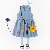 Girls Cute cat print lapel sleeveless denim dress Han Fan sweet middle and large childrens skirt A-line skirt Childrens skirt summer