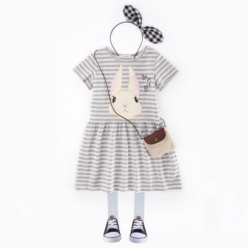 Female treasure cotton rabbit print striped short-sleeved dress cartoon mid-length version A-line skirt small medium large children's skirt summer