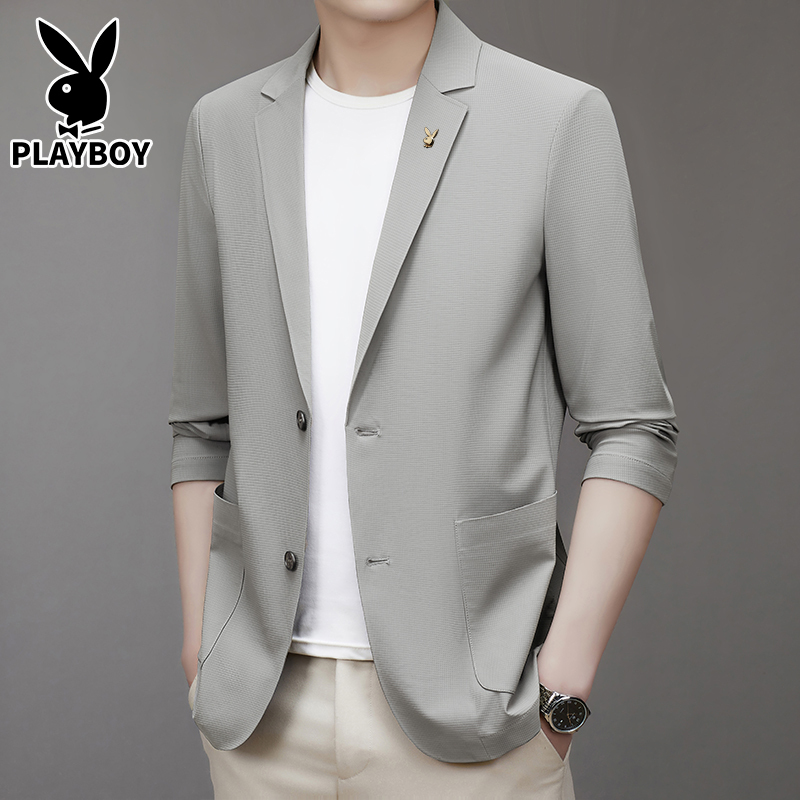 Playboy Summer Sun Protection Suit for Men, Thin Ice Silk High-End Casual Small Suit, Ultra-Thin Sun Protection Jacket