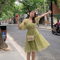 Design sense niche bubble short-sleeved chiffon slim dress avocado green a-line skirt can be salty or sweet fried street skirt