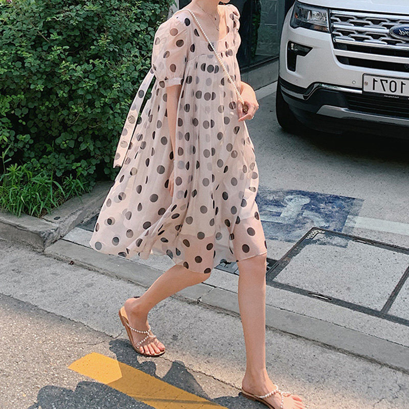 Bubble sleeves sweet and windy with 2022 new fairy polo dot yarn dresses Summer Tangerine First Love Doll Skirt