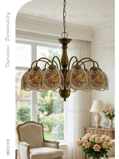 Dige French-Style Retro Painted Rose Pearl Chandelier Bedroom Dining Room Chandelier Creative Floral Designer Lighting Fixtures