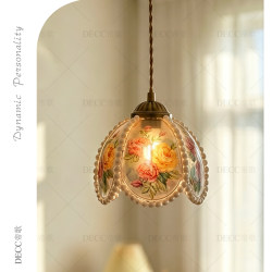 Dige French-Style Vintage Painted Rose Pearl Small Pendant Light for Bedroom Bedside, Entryway, Bar Counter Floral Pendant Light