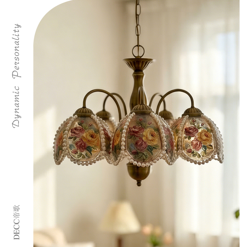 Dige French-Style Retro Painted Rose Pearl Chandelier Bedroom Dining Room Chandelier Creative Floral Designer Lighting Fixtures