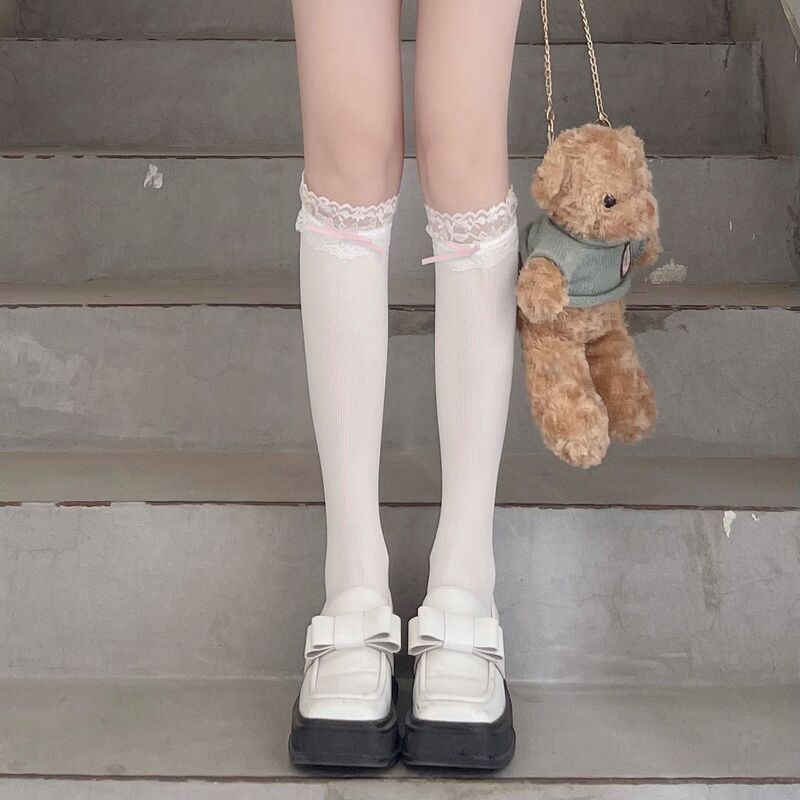 Summer Cute White and Pink Bowknot School Style Calf Socks Jk Girl Velvet Splicing Mid-Length Lace Socks
