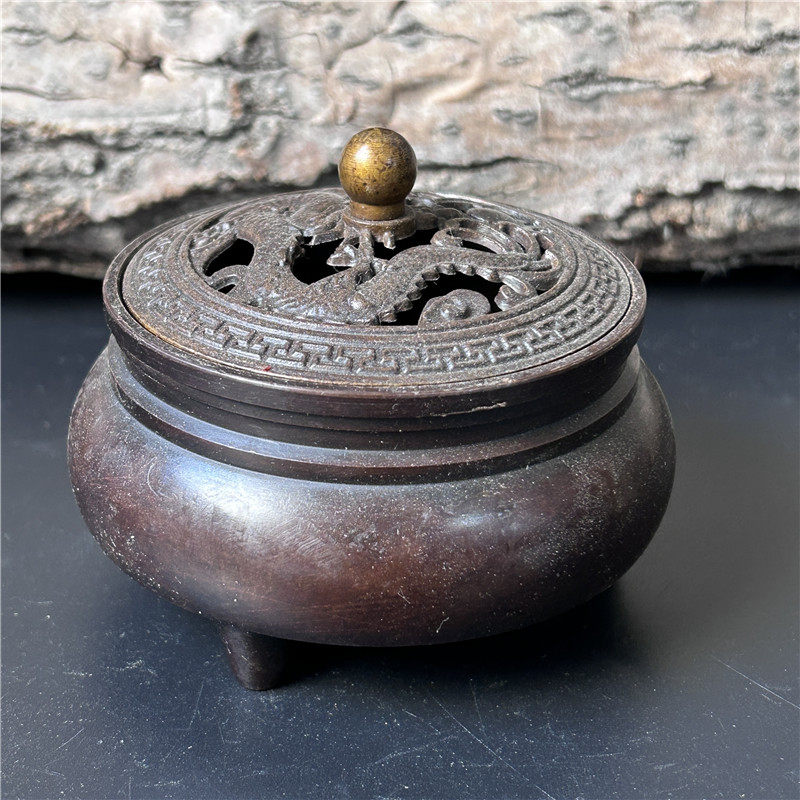 Imitation ancient bronze ware handicraft old hidden copper hollowed-out disc dragon drum style fine incense stove with pulp and mellow road connoisseurre collection-Taobao
