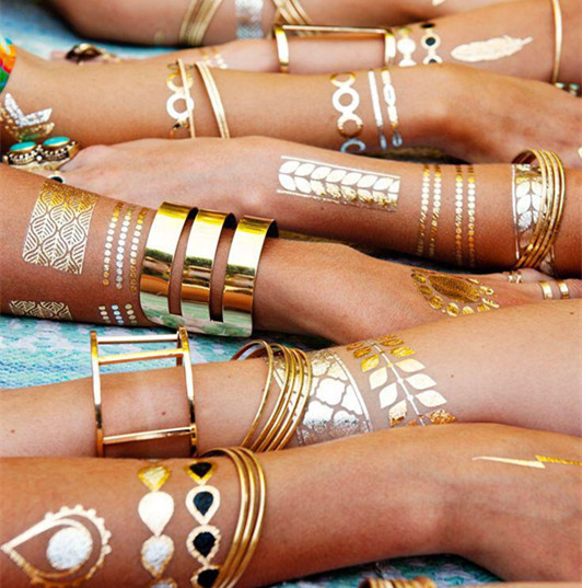6 Pieces of Gold Foil Bracelet Tattoo Stickers, Waterproof, Long-Lasting, Realistic, Hand-Painted, Gold Bohemian Style Tattoos for Women