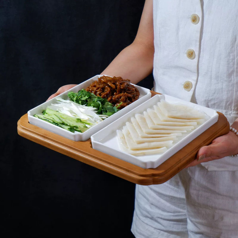 Creative Bamboo and Ceramic Combination Beijing Roast Duck, Beijing Sauce Shredded Pork, Specialty Shandong Cuisine, Divided Platter, Chinese Tableware, Dish Plate