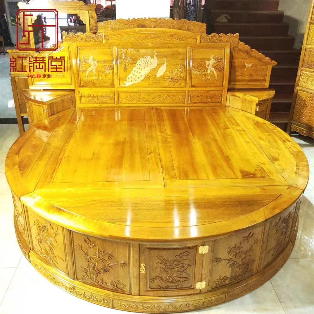 Jinkan Nanwood Double bed small leaf Zennan Double bed Solid wood high and low bed New Chinese shelf bed sandalcarvin peacock