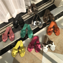 Slippers women wear 2022 new summer elephant gray net red flat lemon yellow hand palm print beach slippers