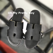 Slippers men wear beach 2022 new summer first layer leather ins tide black and white palm print sandals