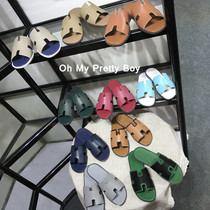 Slippers men wear beach top layer leather ins tide 2022 new youth gray green slippers in summer
