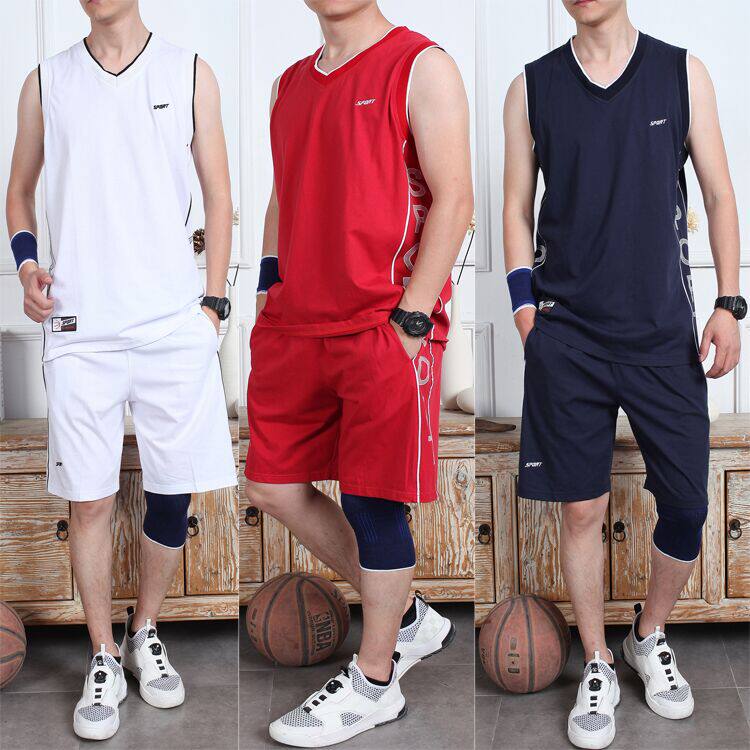 无袖纯棉套装男夏季运动服跑步健身背心短裤大码休闲宽松篮球服男