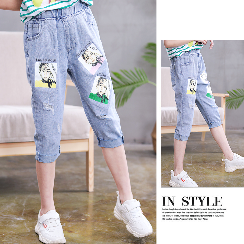 Cô gái denim bảy điểm quần mỏng mùa thu Hàn Quốc phiên bản của dương quần jean khí quần trong quần của trẻ em trong thời trang trẻ em lớn.