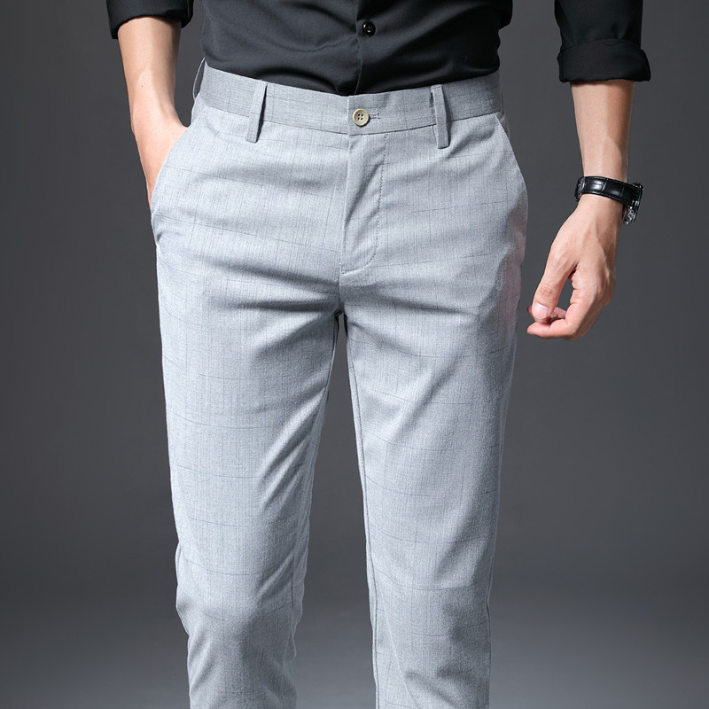 Spring and Autumn New High-End Drapey Pants for Men, Spring Men's Plaid Casual Pants, Slim Straight-Leg Trousers, Business Dress Pants