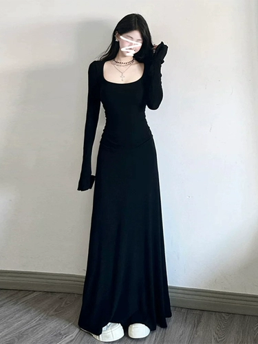 Черное приталенное платье, осенняя юбка, изысканный стиль, французский стиль, осеннее