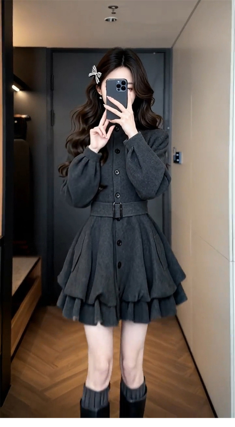 프랑스식 스탠드 칼라 긴팔 여성 드레스 가을 2026 새로운 허리 수축 슬림해 보이는 한 마디 롱 스커트 고급 센스 품격 상세 이미지 7