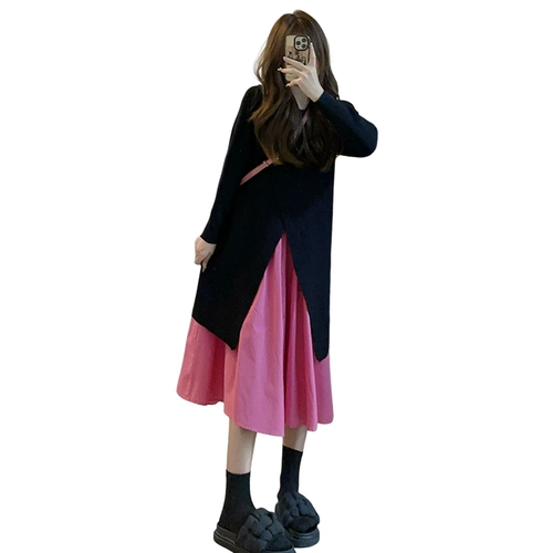 Черное женское трикотажное платье с длинными рукавами 𫔭Весна 2025, новый студенческий стиль, снижающий возраст, с полным комплектом