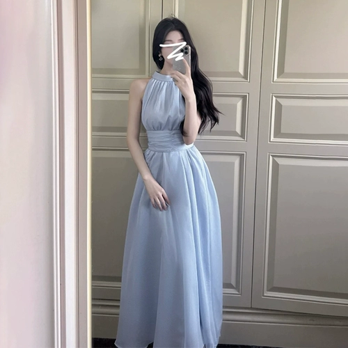 Синее шифоновое длинное летнее платье, корсет, пляжная длинная юбка, городской стиль