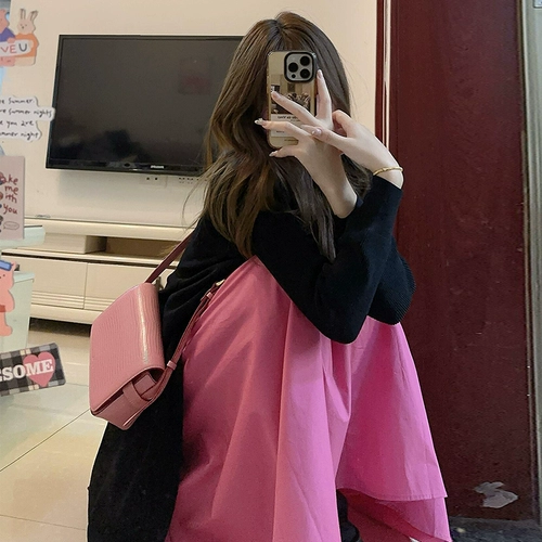 Черное женское трикотажное платье с длинными рукавами 𫔭Весна 2025, новый студенческий стиль, снижающий возраст, с полным комплектом