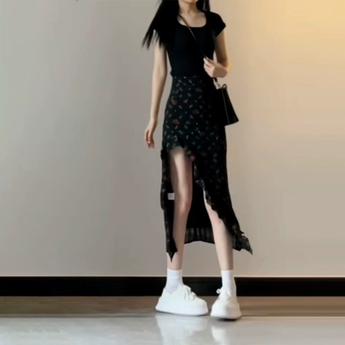 Асимметричная черная летняя длинная юбка, цветочный принт, подходит для подростков