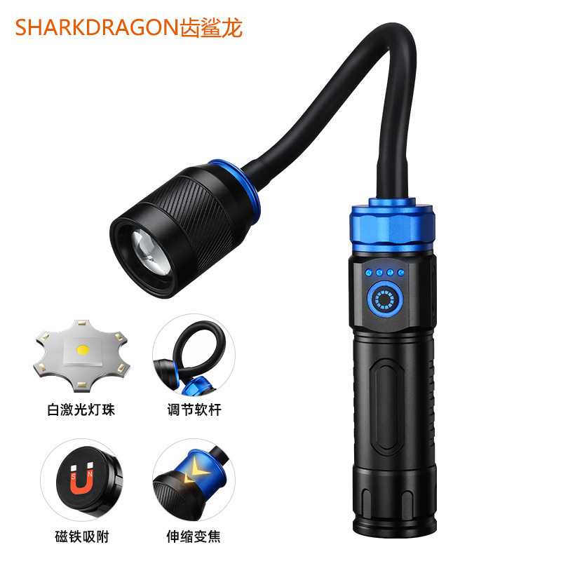 Cob Magnetic Work Light Can Be Bent at Multiple Angles, Car Maintenance Light, USB Rechargeable White Laser Zoom Flashlight