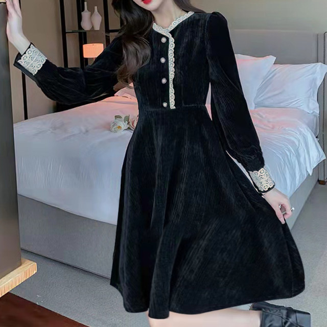 Autumn and winter new temperament women's round neck long-sleeved slim mid-length skirt lace stitching French corduroy dress women