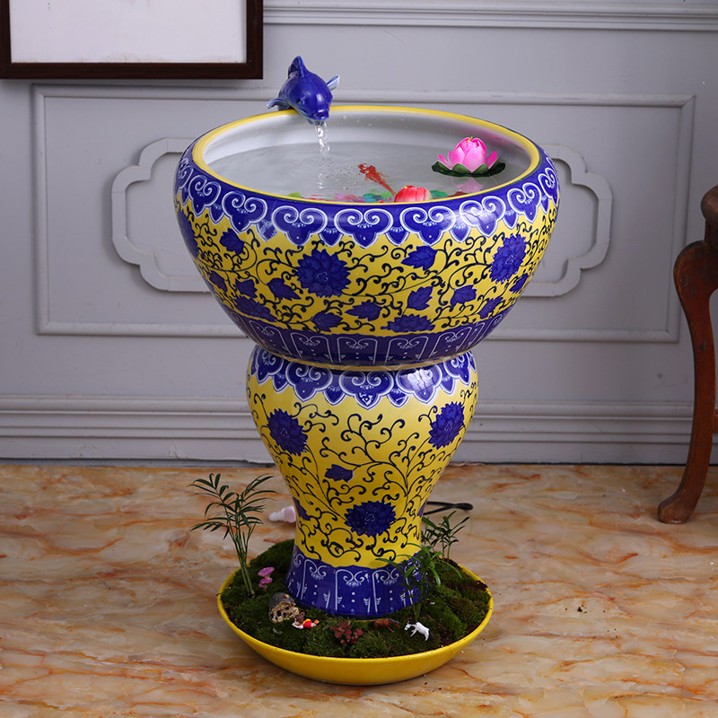 Jingdezhen Ceramic Gold Fish Tank Large Fish Bowl Filter Circulating Water Cylinder Microscopic Landscape Living Room Ornament
