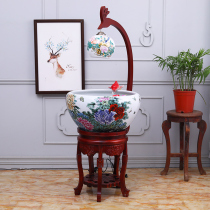Jingdezhen ceramic fish tank Circulating water filter Fish farming basin running water decoration Living room extra large floor-to-ceiling round tank with lamp