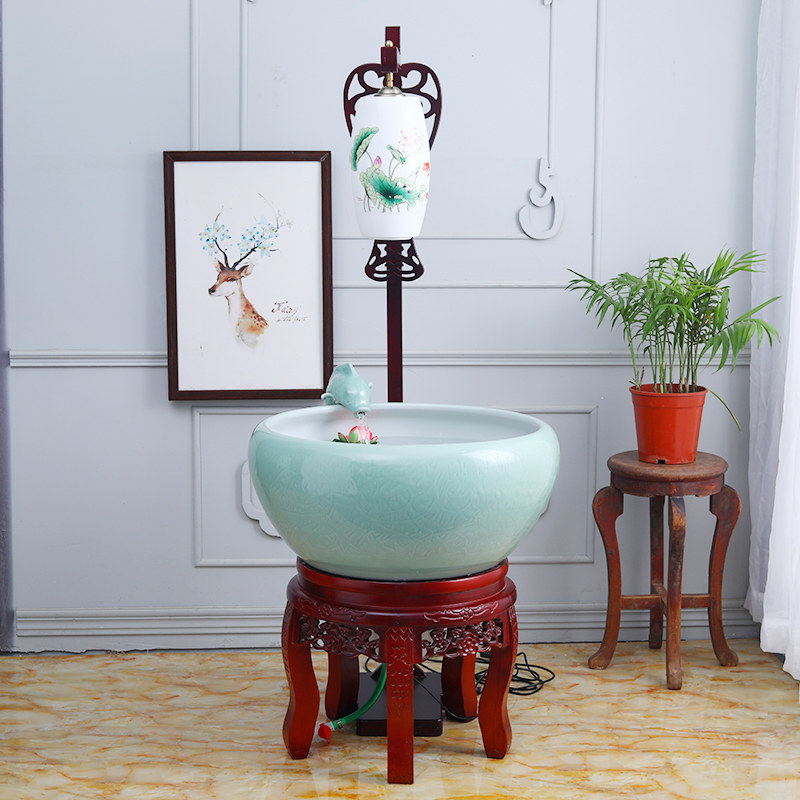 Jingdezhen ceramic fish tank Chinese large number round cylinder fish farming basin water circulation filter flowing water swing piece living-room with lamp
