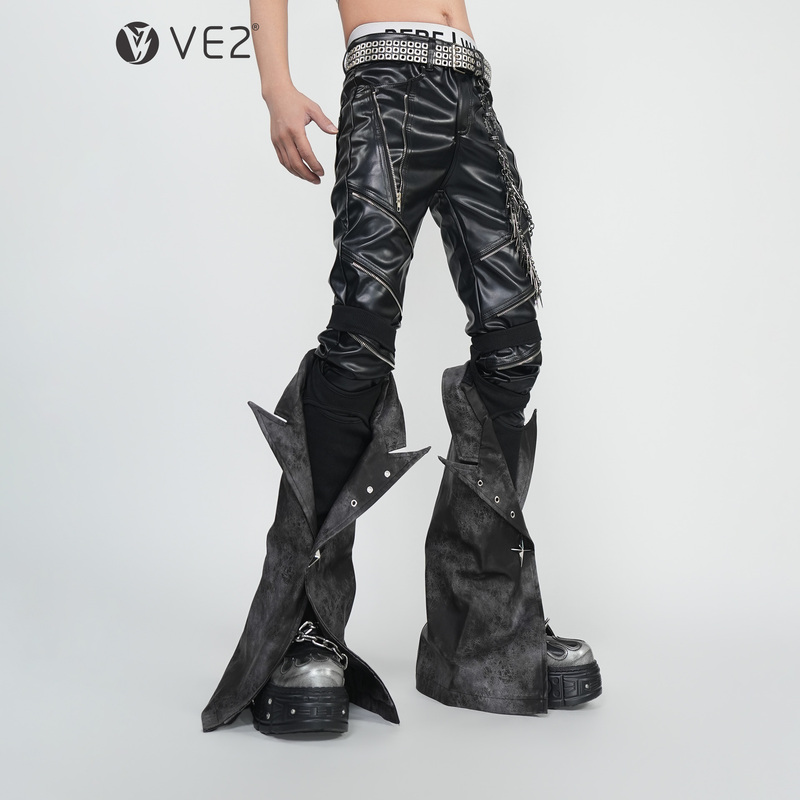 Ve2 Show Heavy Metal Bell-Bottom Leggings Slim-Fit Leather Pants Unisex Punk Rock Stage Visual Style Skinny Pants