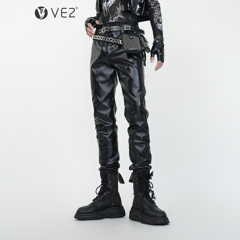 Ve2 Advanced Dark Pioneer Stacked Pu Leather Slim Fit Stretch Skinny Pants Men's Rock Punk Harley Motorcycle Trousers