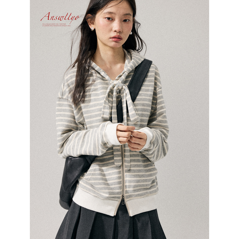 Answllyo Striped Tie-Up Sweatshirt for Women, Autumn 2025 New Style, Lazy Chic, Relaxed Zipper Top