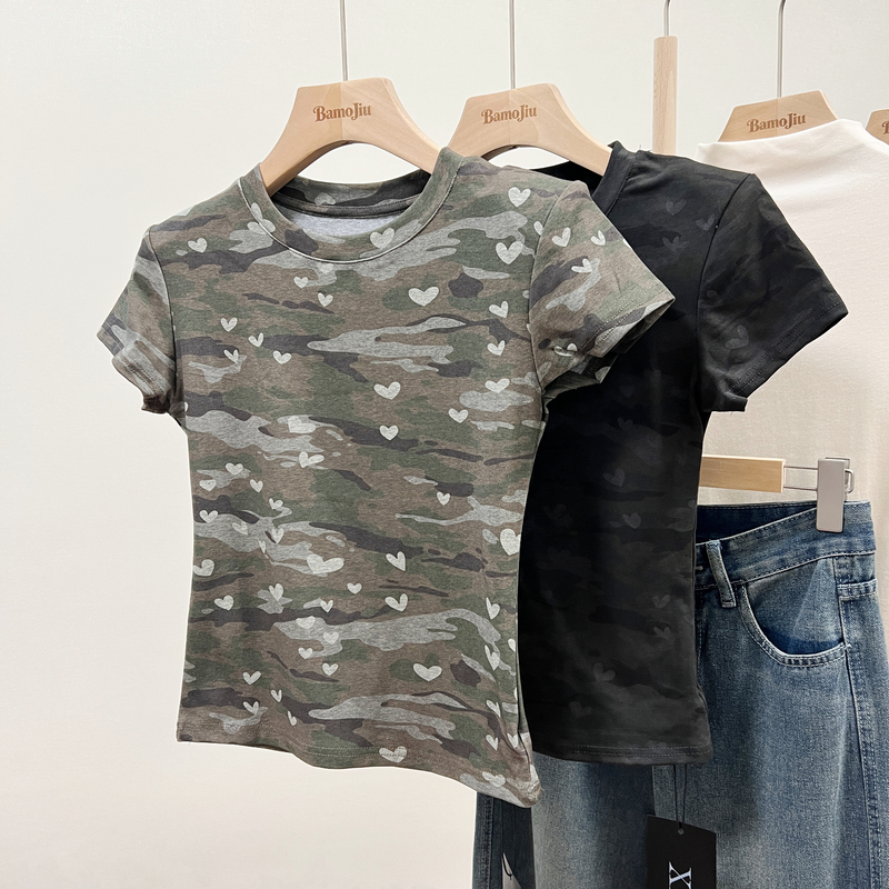Bamojiu American Style Spicy Girl Camouflage Heart Print Short-Sleeve T-Shirt for Women, Summer Slim Fit, Regular Shoulder Top, Pure Cotton Bamojiu American Style Spicy Girl Camouflage Heart Print Short-Sleeve T-Shirt for Women, Summer Slim Fit, Regular Shoulder Top, Pure Cotton