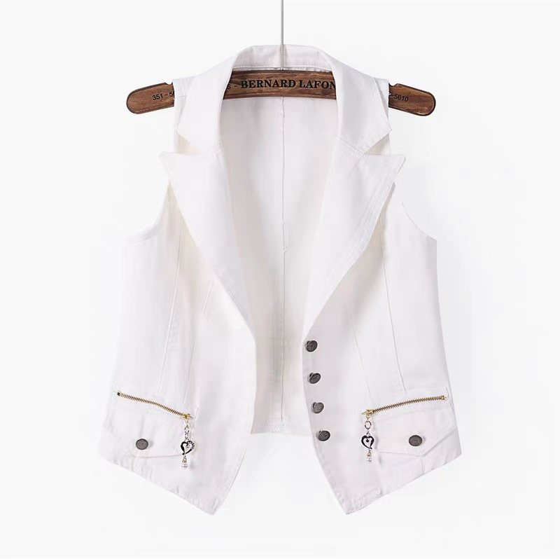 Women's Summer Fashion Korean Style Slim Fit Suit Collar Short Sleeveless Denim Vest Jacket Trendy Top