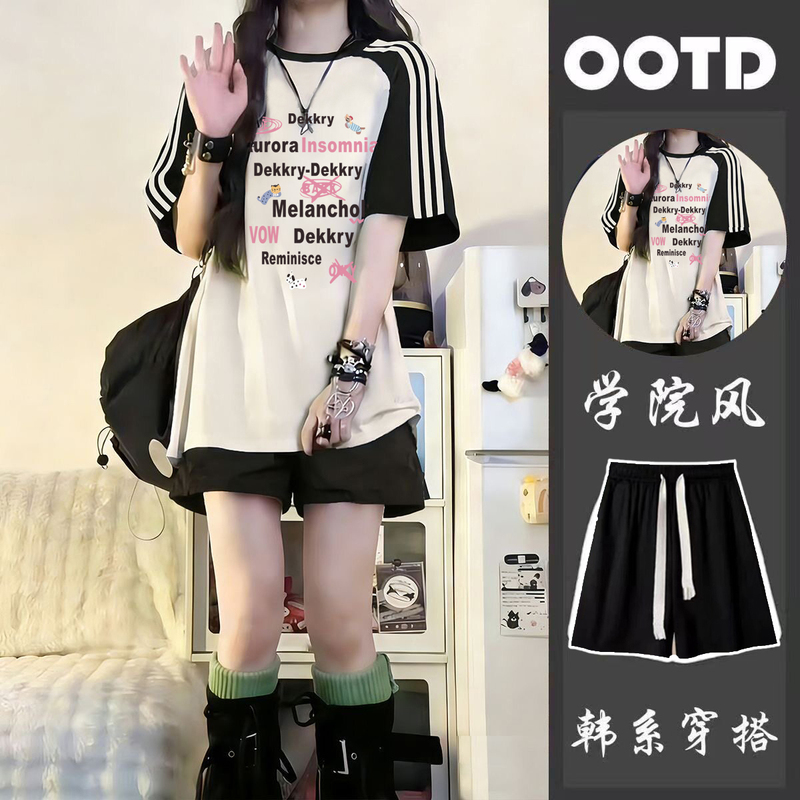 Shorts for Female Junior High School Students, Older Children's Clothing, Summer Sweet Style Suit, Student Short-Sleeved Casual Suit, Complete Set