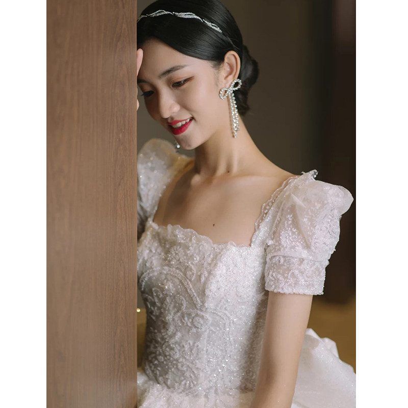 French light main wedding dress 2021 new bride square collar tail forest department super fairy dream small man Qi Di simple woman