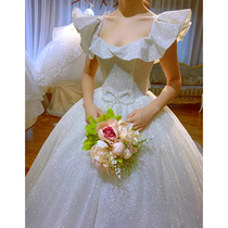 One-shouldered French light main wedding dress 2021 new bride trailing Mori super fairy dream little man Qi