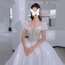 V-neck starry sky light main wedding dress 2021 new bride super fairy french tail small simple thin summer woman