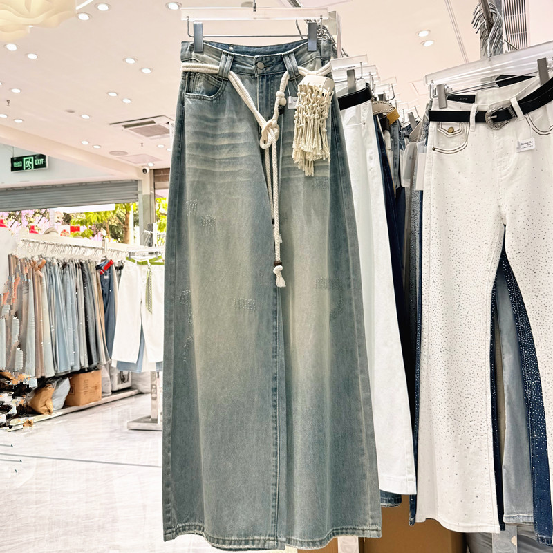 Simeile American-Style Tassel Belt Jeans for Women, Summer Thin Style, Age-Reducing Wide-Leg Straight Pants A80910