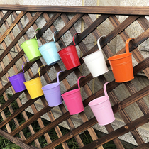 Candy color tin adhesive hook bucket iron flower pot balcony desk small flower bucket pastoral style hanging basin 10