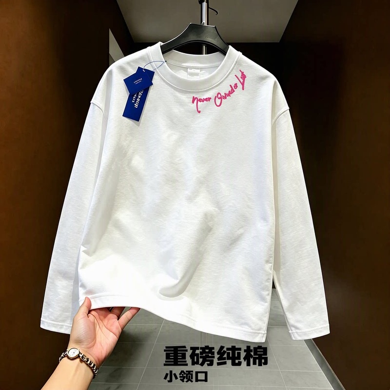Heavyweight Pure Cotton Long-Sleeve T-Shirt for Men, Loose Fit, Drop Shoulder, Suitable for Teenagers and Students, Small Neckline, Inner Layer Base Shirt, White/Black Heavyweight Pure Cotton Long-Sleeve T-Shirt for Men, Loose Fit, Drop Shoulder, Suitable for Teenagers and Students, Small Neckline, Inner Layer Base Shirt, White/Black