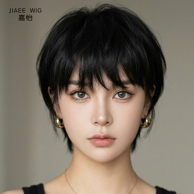 Wig for Women with Short Hair, Celebrity Style, Irregular Bangs, Short Straight Hair, Thin Summer Style, Natural Full Real Hair Wig Set