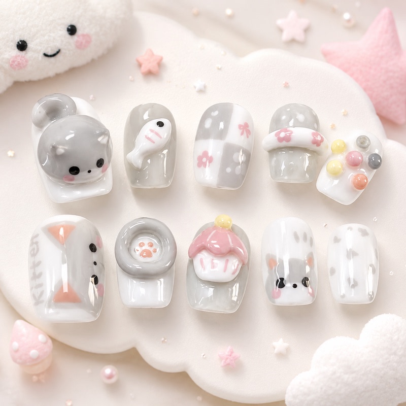 Fish-Shaped Mushroom Short Style Children's Girls' Wearable Nail Art Pure Handmade Nails for School 2026 New Cute Summer Style