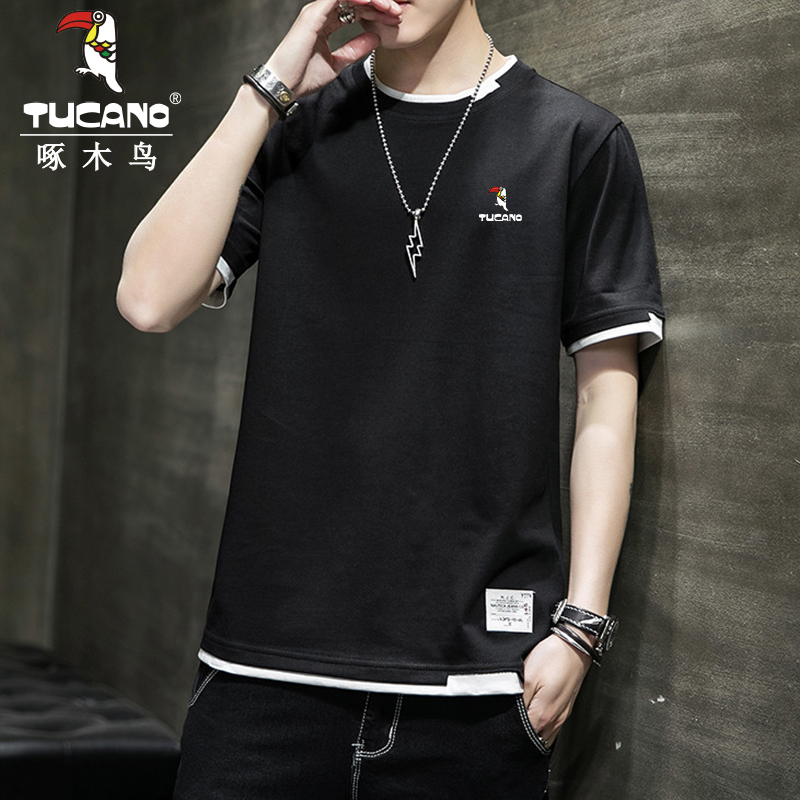 Официальная аутентичная хлопковая футболка с короткими рукавами Woodpecker, мужская свободная повседневная летняя футболка с круглым вырезом, тонкая поддельная футболка из двух частей