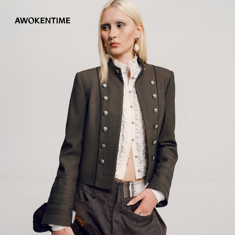 Awokentime Retro Stand-Up Collar Double-Row Metal Buckle Suit Casual Short Jacket for Women 2026 Autum New Style