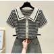 Plus size women's doll collar ice silk knitted short-sleeved T-shirt women's loose slimming and age-reduced western style striped top ບາງສ່ວນ