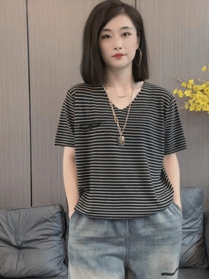 加肥加大码女装慵懒风条纹短袖t恤女夏季欧货宽松显瘦休闲上衣潮